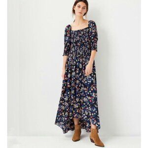Ann Taylor Smocked Bodice Puff Sleeve Maxi Dress Size 8 Blue Floral Boho